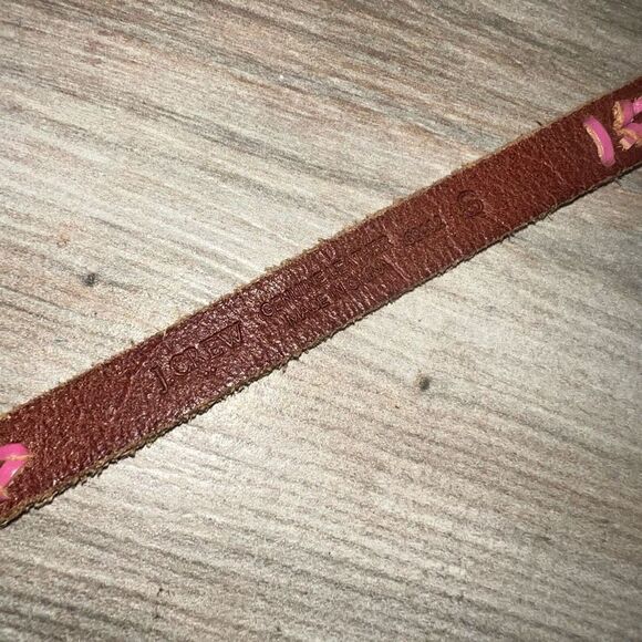 J. Crew Skinny Leather Belt Women Small Hot Pink Orange Brown Gold Tone Buckle - Picture 6 of 7